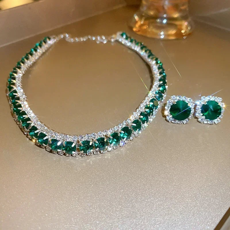 Ensemble collier et boucles d'oreilles en cristal de luxe pour femmes, ensembles de bijoux, accessoires, champagne, vert, bleu, noir, fête de mariage