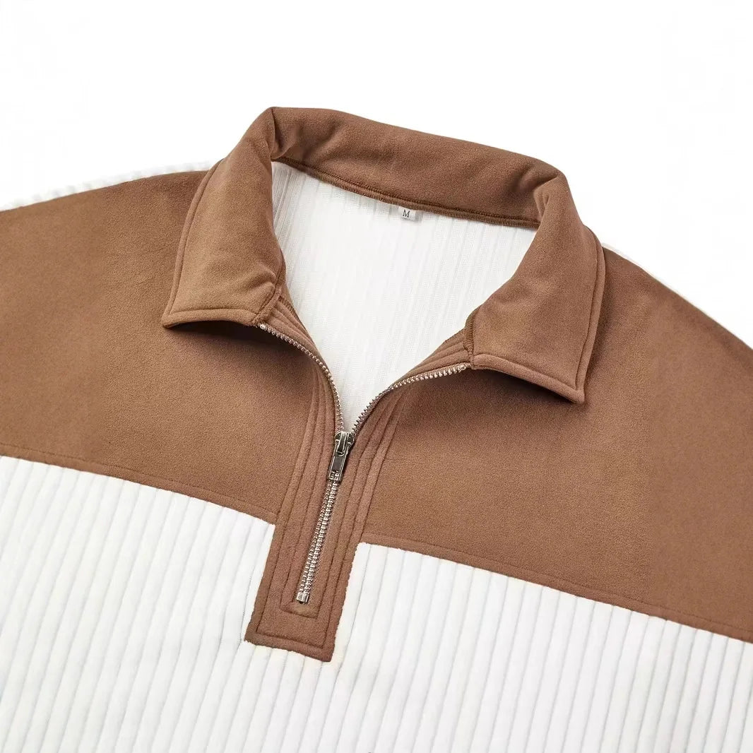 Pull à fermeture éclair pour hommes, bloc de couleurs, tricoté, décontracté, haute  manches longues, mode automne hiver, Style ajusté