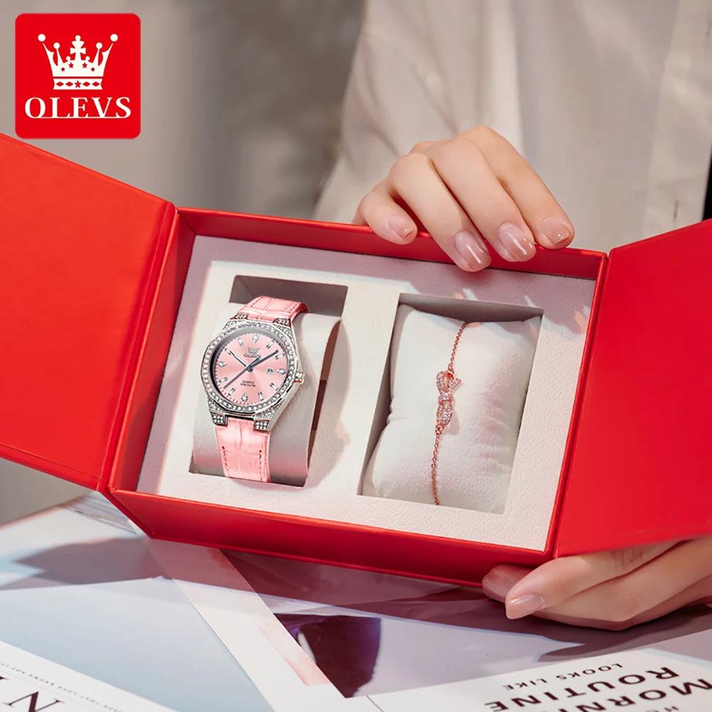 OLEVS Original femmes montres diamant tour mode bracelet en cuir 3m étanche lumineux dames montre-bracelet montre à Quartz pour les femmes