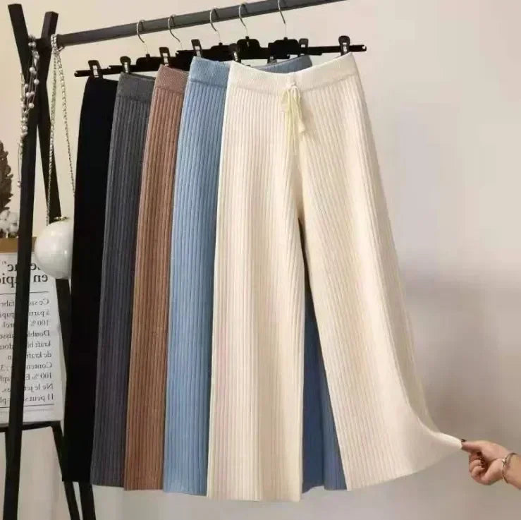Pantalon drapé taille haute à jambes larges pour femme, décontracté, ample, en tricot, jambes droites, à lacets, couleur unie, 2026