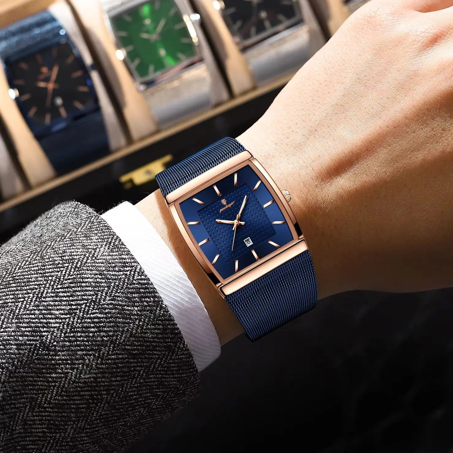 Top luxe hommes montre en acier inoxydable maille Date étanche lumineux homme montre-bracelet décontracté Rectangle Quartz hommes montres