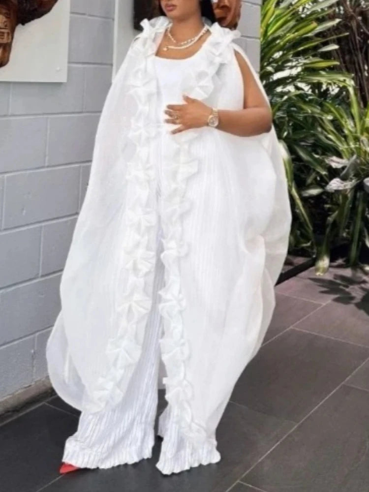 Ensemble deux pièces  élégant à volants, sans manches, Cape caftan ample, taille haute, jambes larges, pantalon plissé, nouveau2026