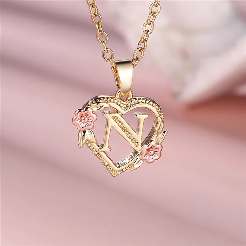 Collier pendentif fleur lettre A-Z pour femmes, couleur or jaune, bijoux de mariage, cadeau pour femmes