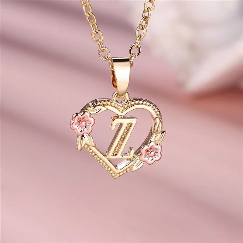 Collier pendentif fleur lettre A-Z pour femmes, couleur or jaune, bijoux de mariage, cadeau pour femmes