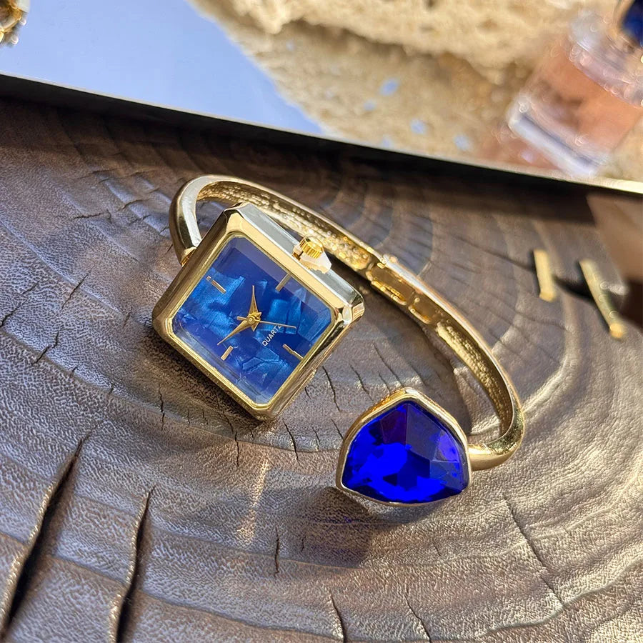 Nouvelle montre-Bracelet ouvert pour femme, forme assortie, couleur diamant, pierres précieuses, montre-Bracelet à Quartz haut de gamme, montre élégante pour paresseux