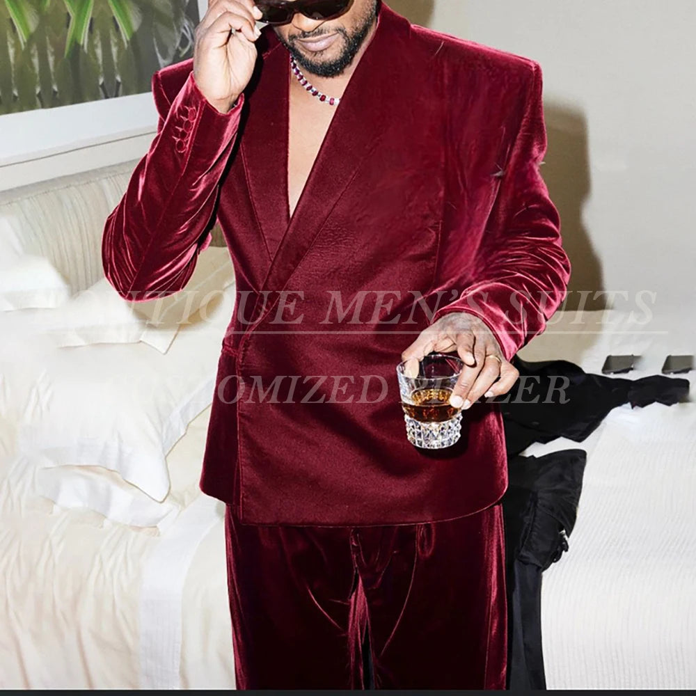 Costumes décontractés en velours pour hommes, mode rouge, longueur régulière, 2 pièces, veste et pantalon, tenues personnalisées, vêtements quotidiens pour hommes, Blazer