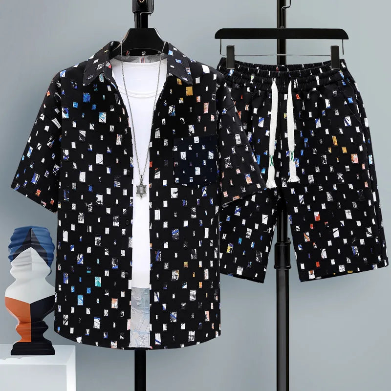 Ensemble survêtement hommes 2 pieces chemise Shorts Harajuku +Streetwear surdimensionné