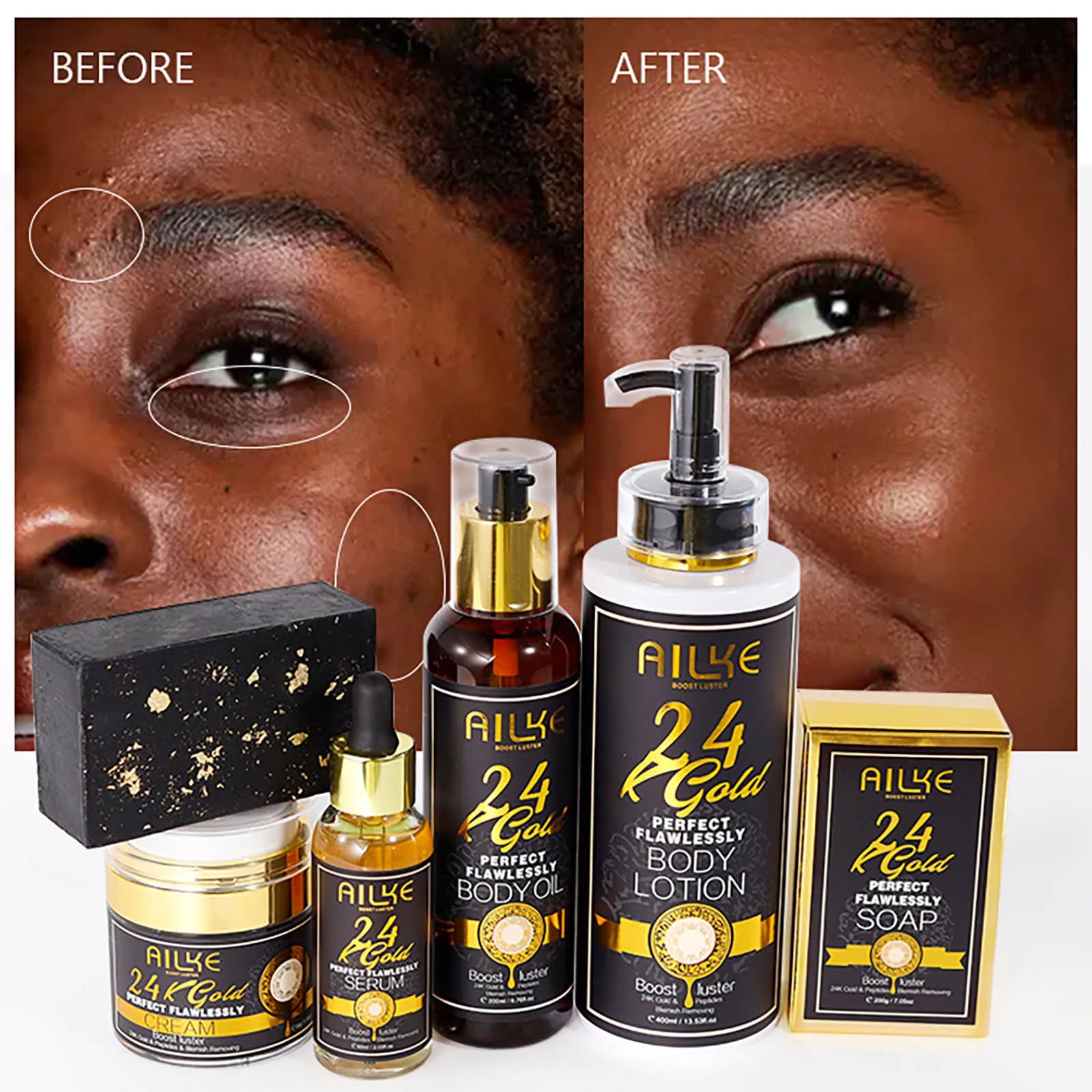 AILKE 24K Glod Gamme de soins pour la peau impeccable, blanchissant la peau, réduit les taches foncées, la mélanine, les rides, hydrate, pour femmes et hommes