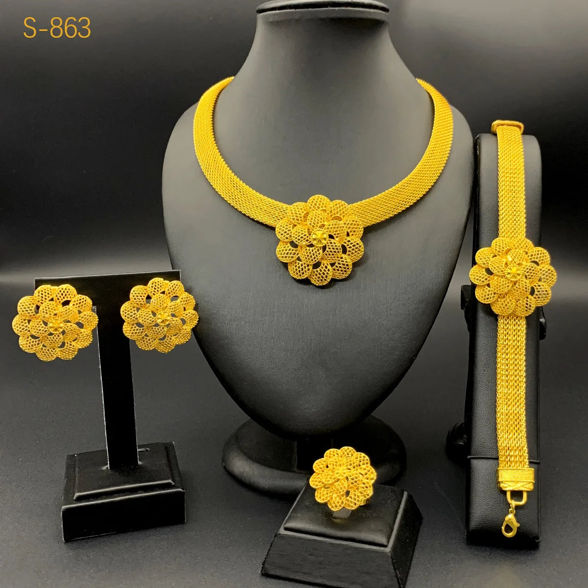 Ensemble de bijoux de mariage de luxe AU999 en or 24 carats avec fleurs! 4 pièces (bracelet + boucles d'oreilles + bague + collier) flatteur, signification de bénisse pour jeunes mariés