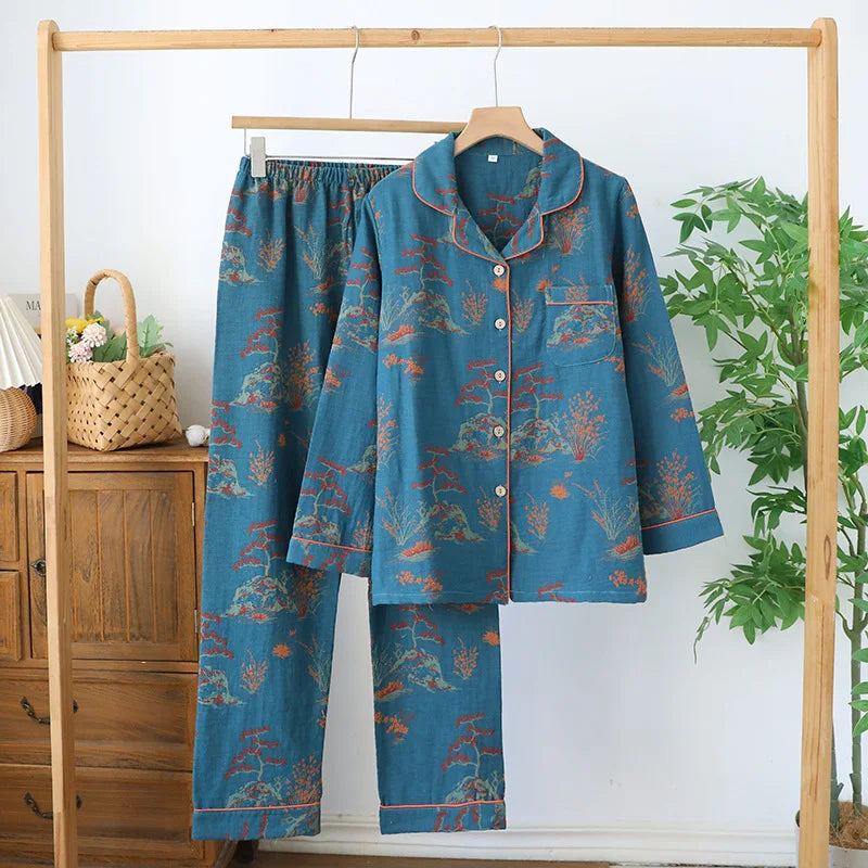 Ensemble pyjama en coton Jacquard pour femmes, couleur rétro, vêtements de maison tissés, manches longues, printemps et automne