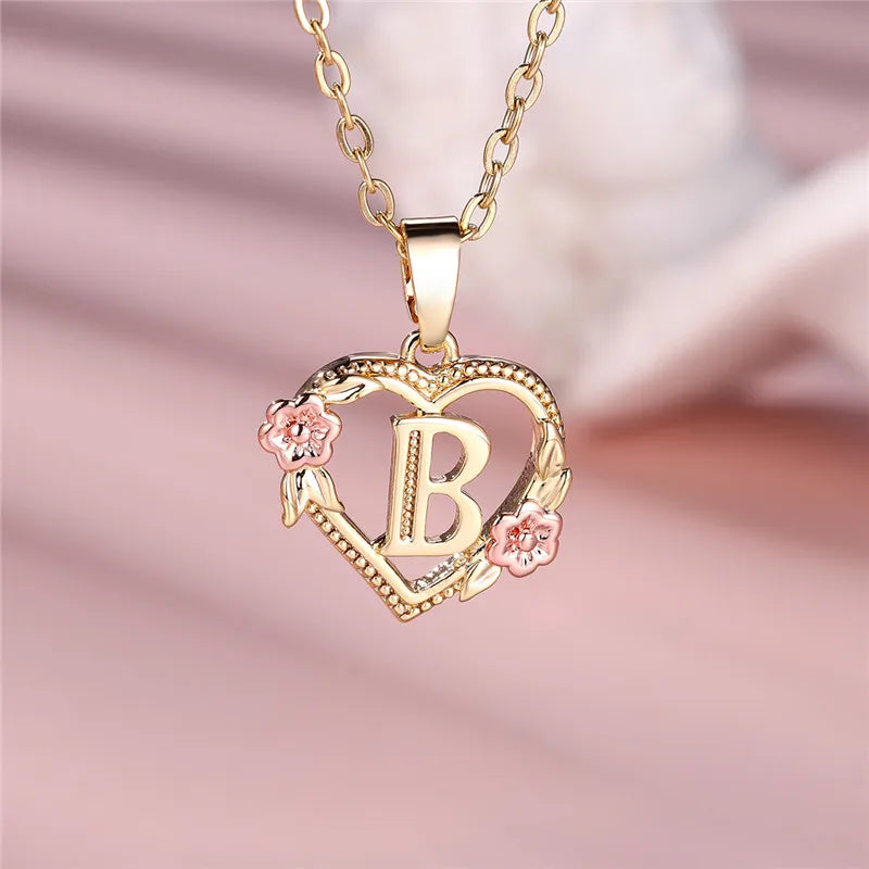 Collier pendentif fleur lettre A-Z pour femmes, couleur or jaune, bijoux de mariage, cadeau pour femmes