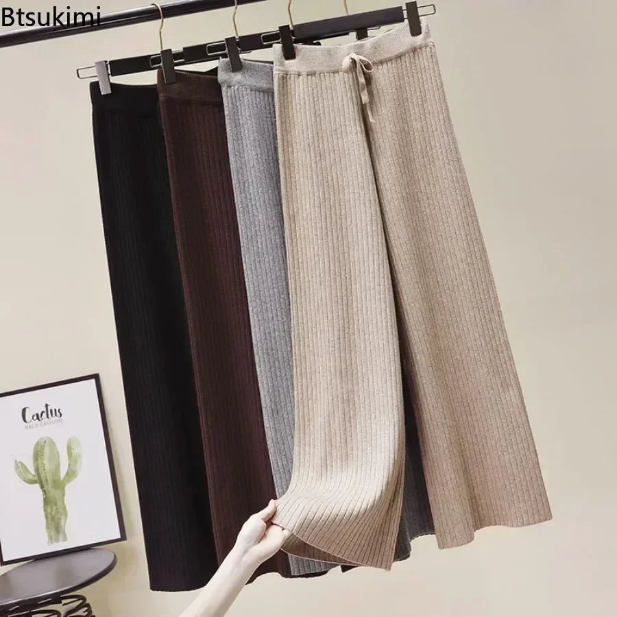 Pantalon drapé taille haute à jambes larges pour femme, décontracté, ample, en tricot, jambes droites, à lacets, couleur unie, 2026