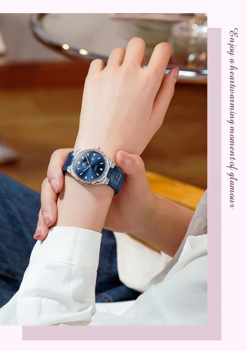 OLEVS Original femmes montres diamant tour mode bracelet en cuir 3m étanche lumineux dames montre-bracelet montre à Quartz pour les femmes
