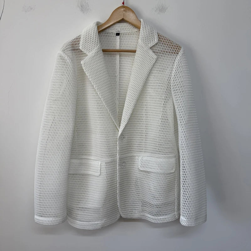 Veste  hommes décontractée costume en maille tridimensionnelle évider transparent à manches longues