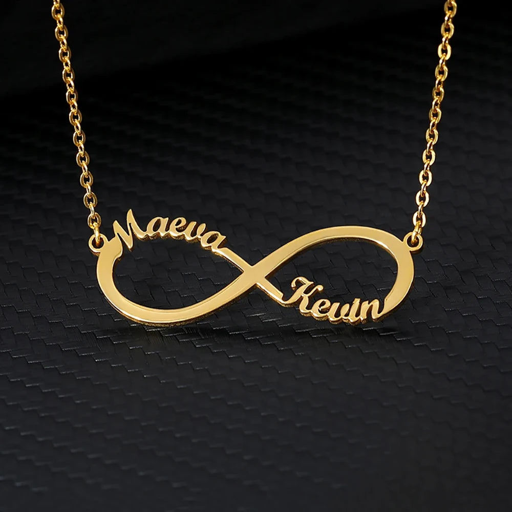 Colliers infini personnalisés à Double cœur et deux noms pour femmes, pendentif en acier inoxydable, bijoux personnalisés, cadeau