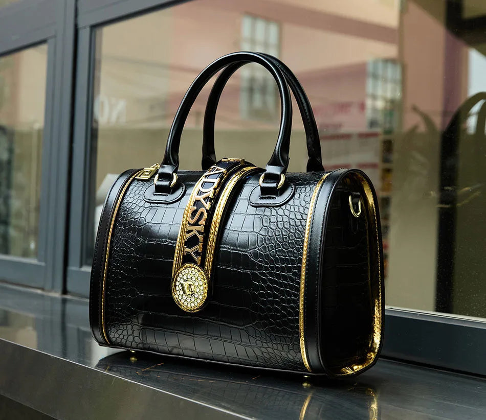 Sac à bandoulière classique rétro pour femmes, sac à main Boston Crocodile en relief, décoration de lettres, sac à poignée supérieure de haute qualité