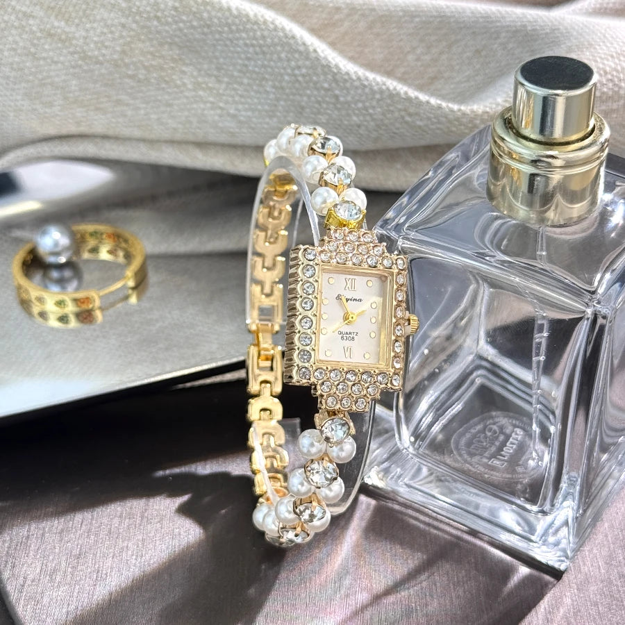Montre  Double rangée exquis petite perle Bracelet montre carré incrusté de diamants lumière luxe dames montre à Quartz
