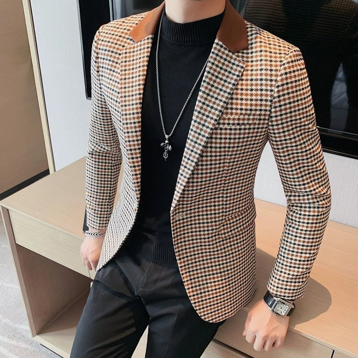 Veste trempée à carreaux avancée pour homme, blazer décontracté, manteau d'affaires, patchwork de luxe, coupe couvertes, haute qualité, printemps, automne