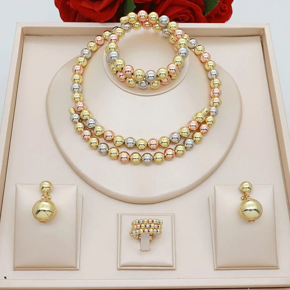 Ensemble de bijoux de luxe plaqués or 18 carats, fait à la main, collier de perles tricolores, boucles d'oreilles brillantes, bague, Bracelet, cadeau de fête de noël