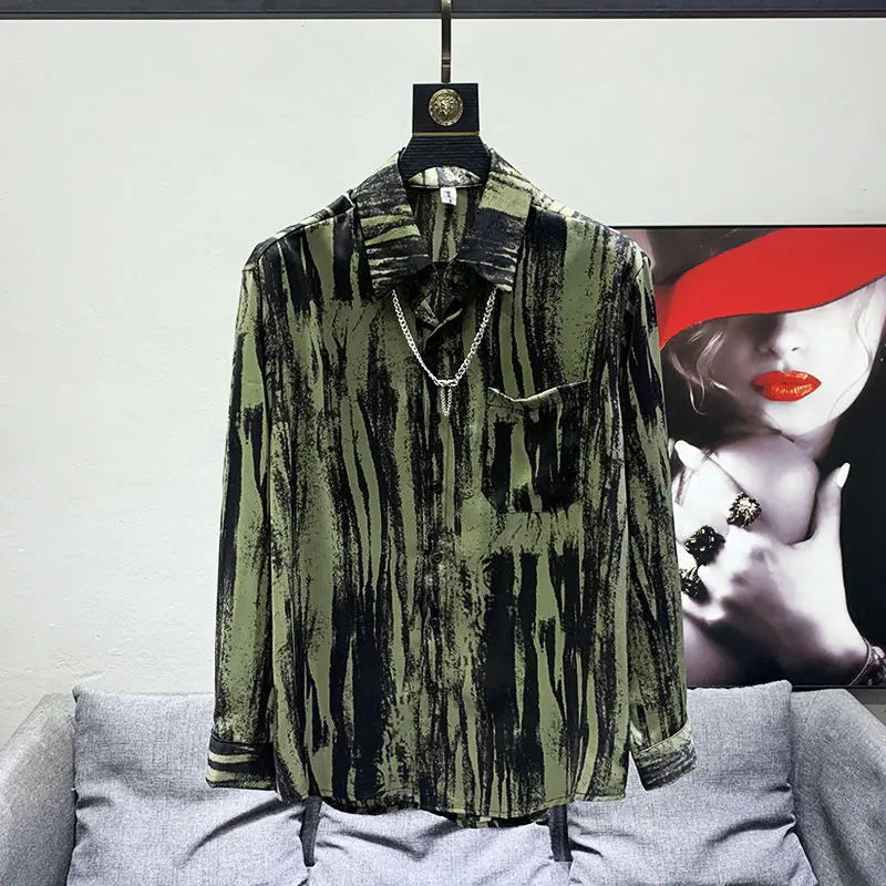 Chemise à rayures rétro à l'encre de style pour hommes , chemise à manches longues,  2026