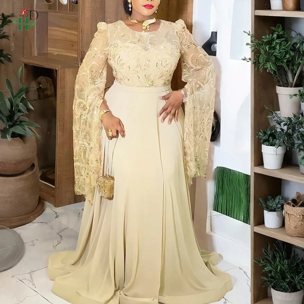 Robe longue en dentelle pour femmes africaines, grande taille, manches longues cloche, robe brodée à paillettes de luxe pour mariages, gala