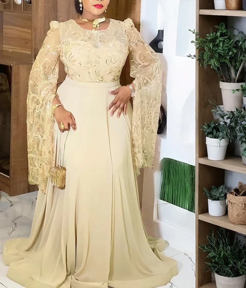 Robe longue en dentelle pour femmes africaines, grande taille, manches longues cloche, robe brodée à paillettes de luxe pour mariages, gala