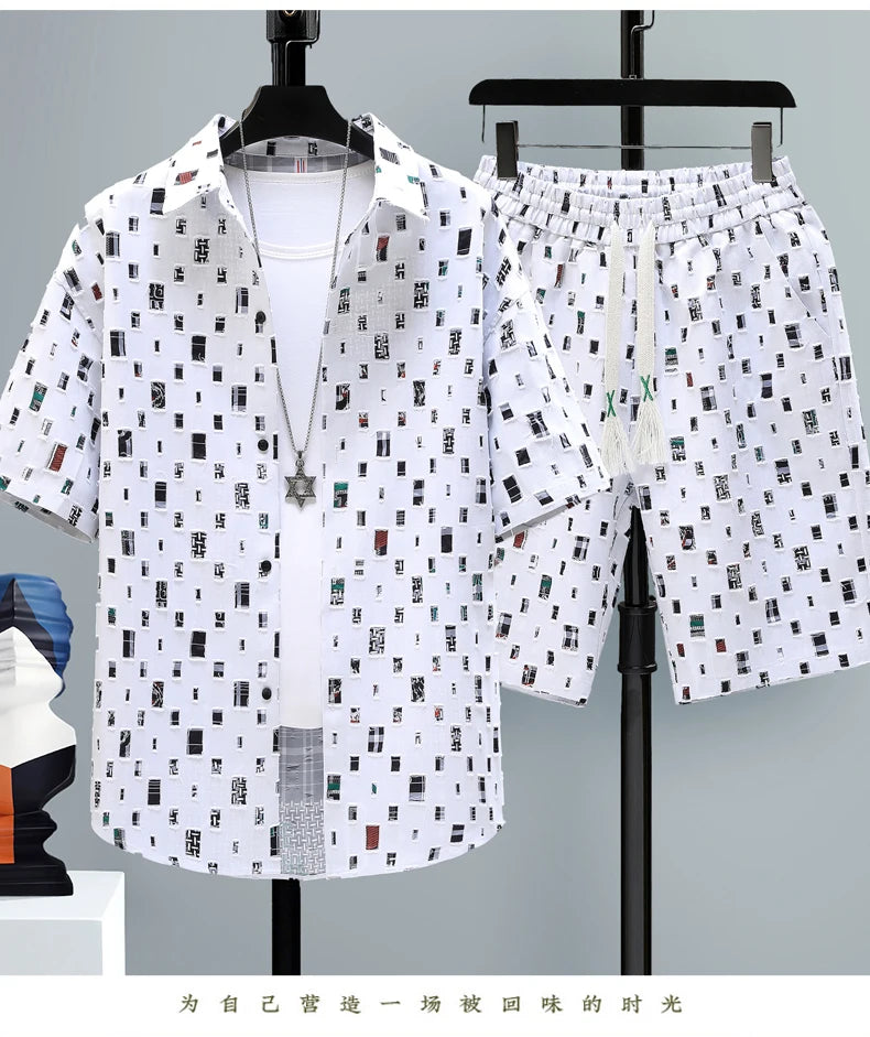 Ensemble survêtement hommes 2 pieces chemise Shorts Harajuku +Streetwear surdimensionné