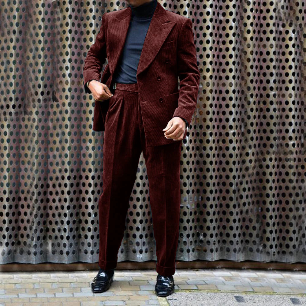 Ensemble Veste et pantalon en velours côtelé pour hommes, tenue de mariage décontractée, double boutonnage, revers Entièrement trempé, 2 pièces