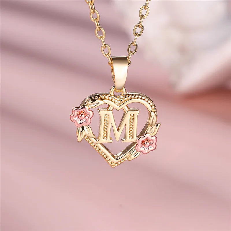 Collier pendentif fleur lettre A-Z pour femmes, couleur or jaune, bijoux de mariage, cadeau pour femmes