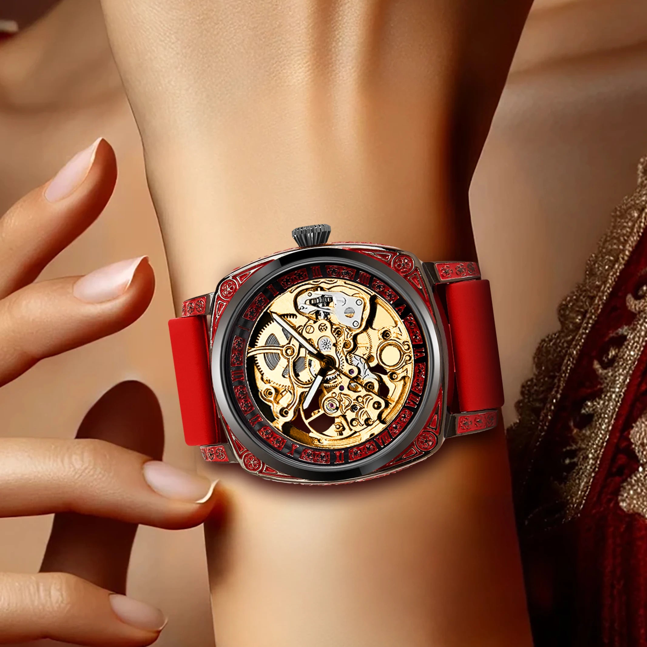 Montre mécanique entièrement automatique pour femme avec ruban rouge doré, style décontracté, veilleuse élégante, fleurs sculptées, neuve
