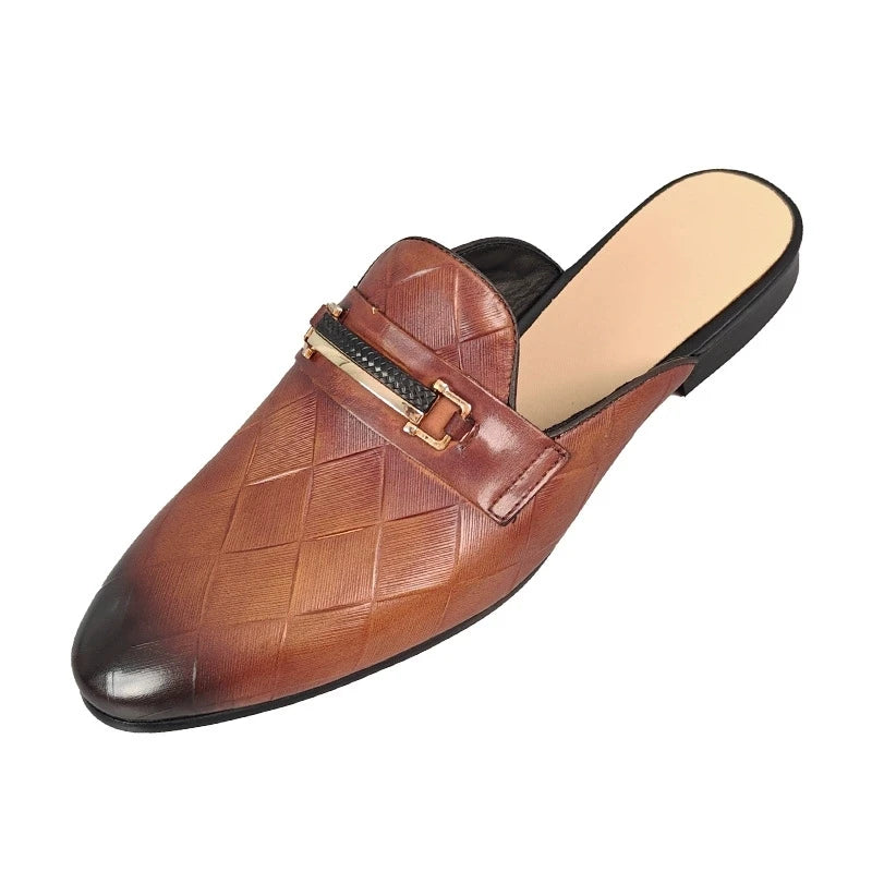 Mules plates pour hommes, pantoufles à enfiler en cuir de vache véritable, mocassins de luxe à motif Gerling, demi-chaussures fermées à bout pointu