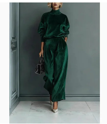 Ensemble  décontractés pour femmes, nouveau Style, mode automne/hiver 2026, velours, manches longues,, col haut, pantalon à jambes larges