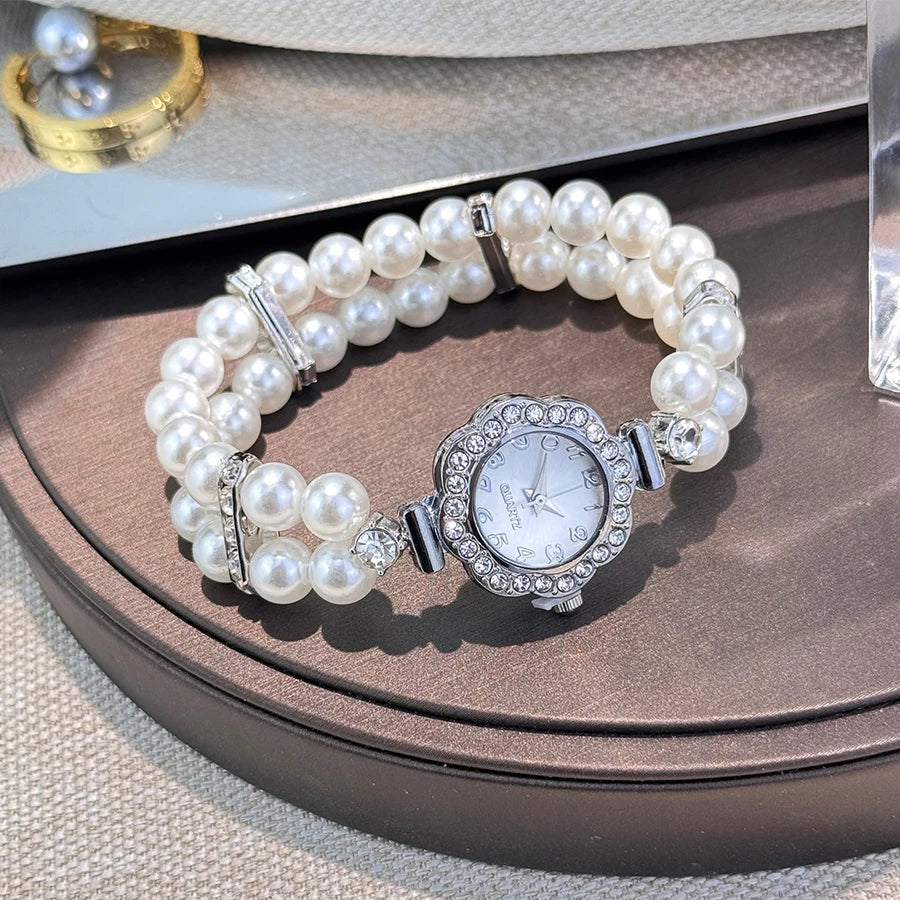 Montre a perle diamant incrusté bande élastique montre Vintage luxe Bracelet Style pratique pour dames montre-Bracelet à Quartz