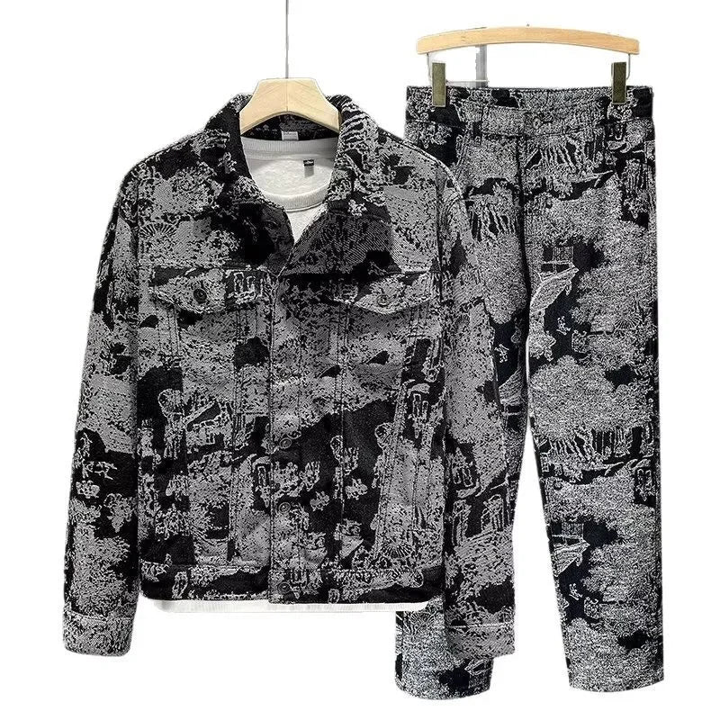 Ensemble Veste en jean brodée décontractée à la mode pour hommes, rétro élégants, coupe confortable
