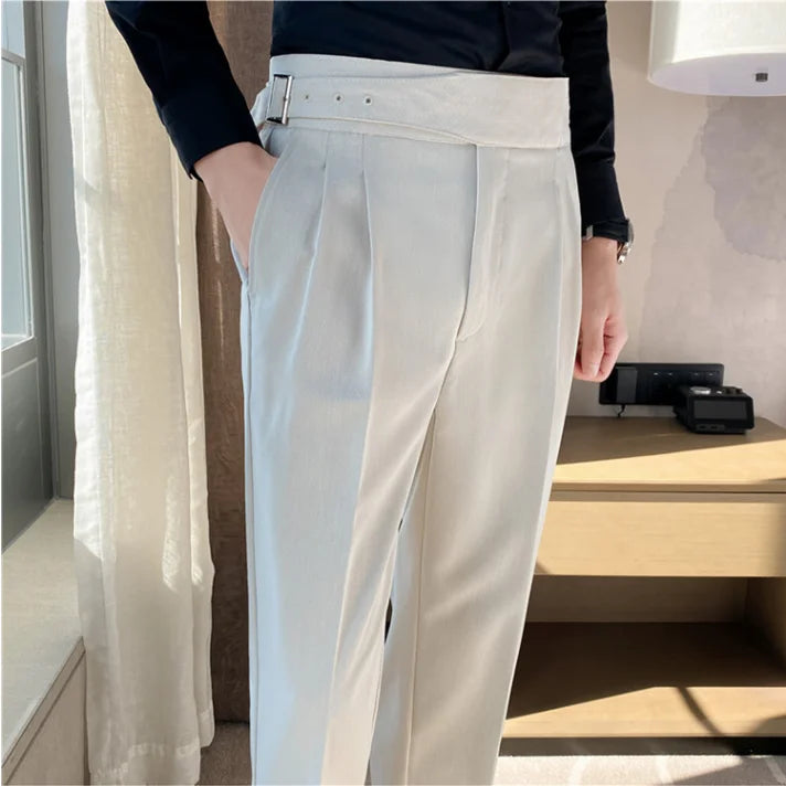 Style britannique hommes taille haute tenue décontractée pantalon hommes ceinture conception mince pantalon formel bureau Social robe de soirée de mariage costume pantalon