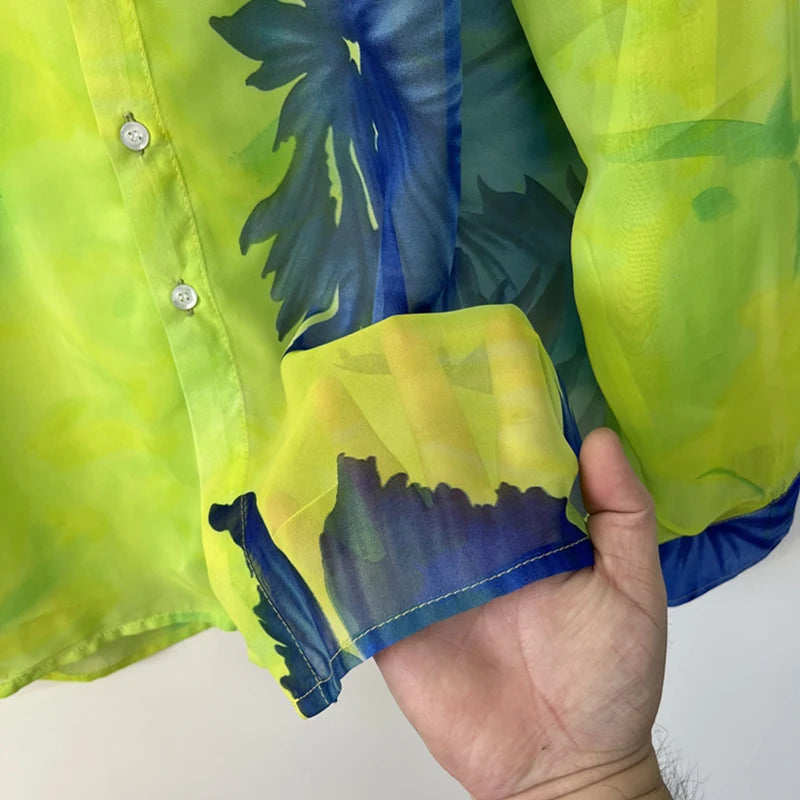 Chemise ample pour hommes couleur contrastée à la mode Semi-Transparent en mousseline de soie conception à manches longues col rabattu