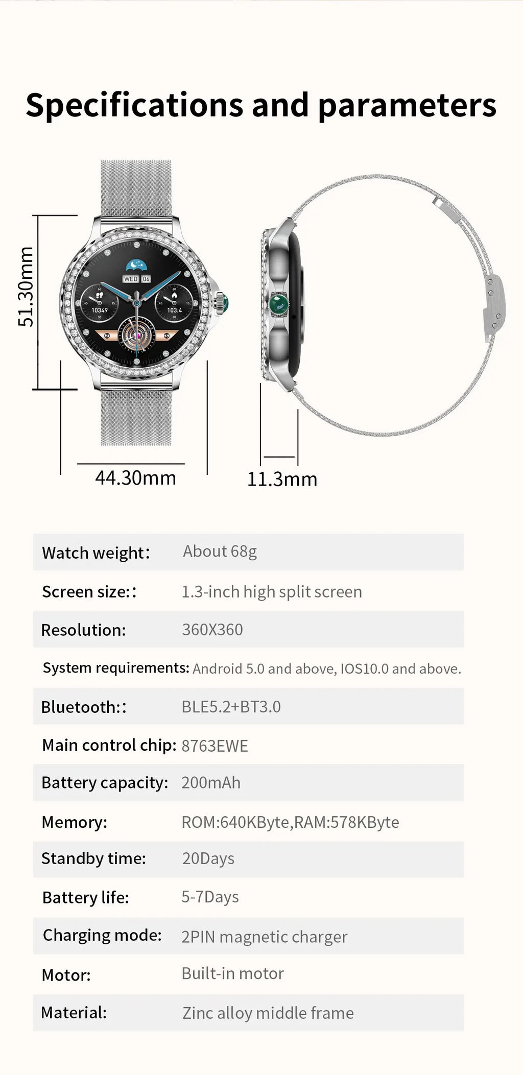 Montre intelligente diamant femme bracelet en métal 1.3 pouces écran HD appels Bluetooth moniteur de santé décoration de mode montre-bracelet