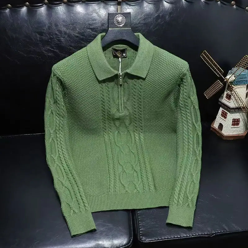 Pull à col roulé à manches longues pour hommes, pull à revers avec fermeture éclair, pull monochrome, pull torsadé, streetwear, printemps, automne