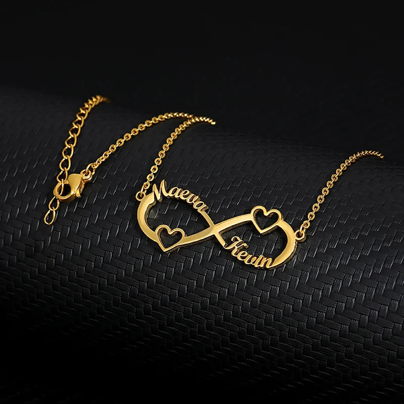 Colliers infini personnalisés à Double cœur et deux noms pour femmes, pendentif en acier inoxydable, bijoux personnalisés, cadeau