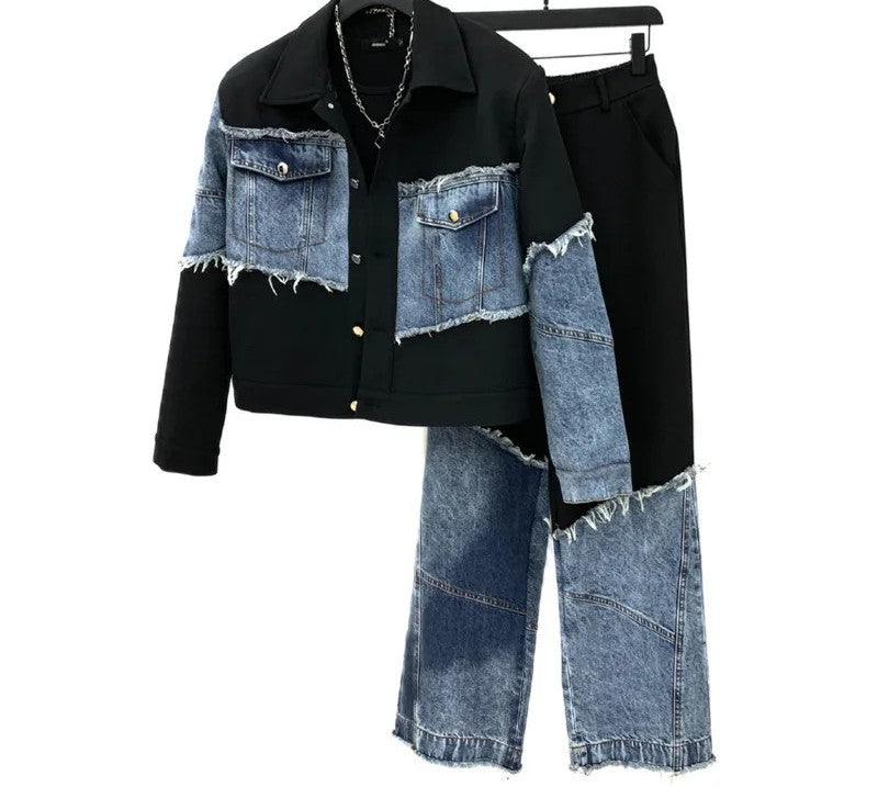 Ensemble Printemps automne nouveau homme marée élégant Denim Patchwork veste courte à la mode Niche décontracté costume droit pantalon deux pièces ensemble W9219