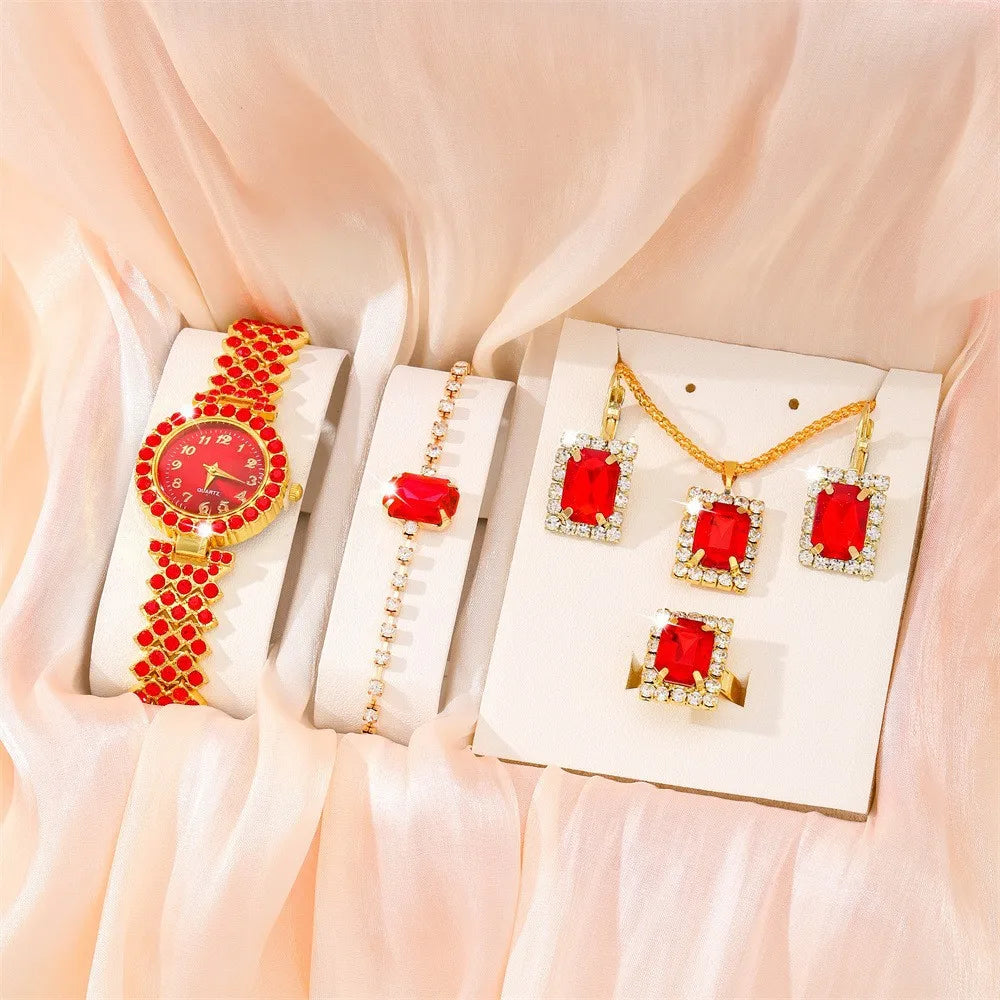6 pièces/ensemble montre pour femme mode plein diamant Bracelet en acier pointeur montre à Quartz collier Bracelet boucles d'oreilles ensemble de bijoux (sans boîte)