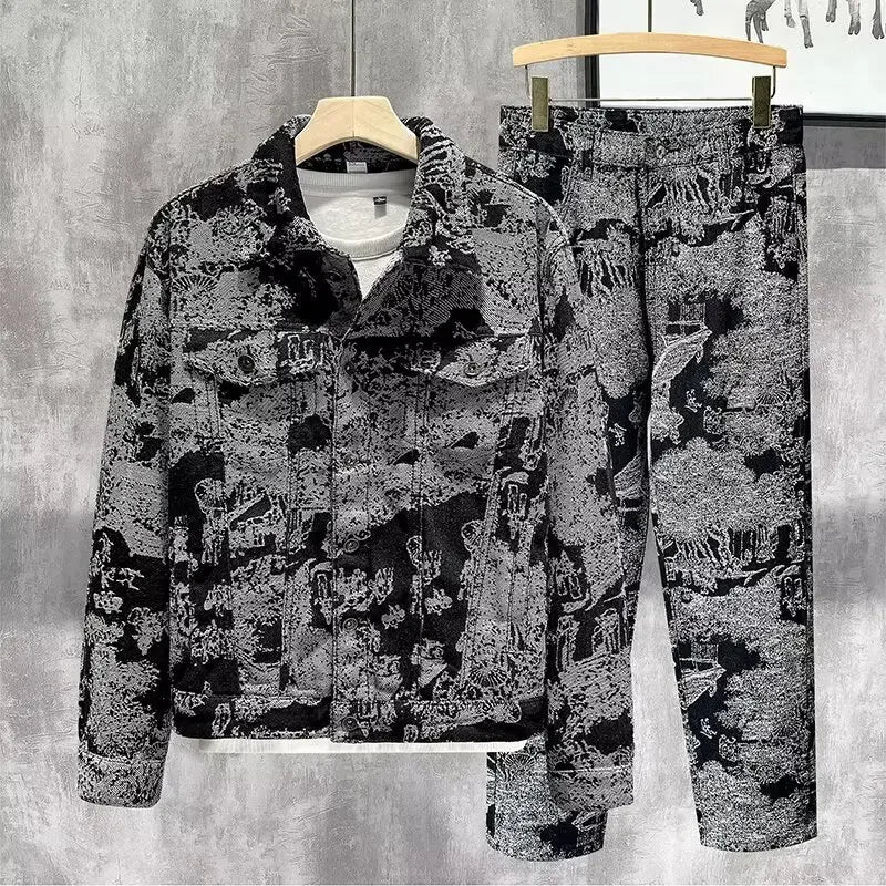 Ensemble Veste en jean brodée décontractée à la mode pour hommes, rétro élégants, coupe confortable