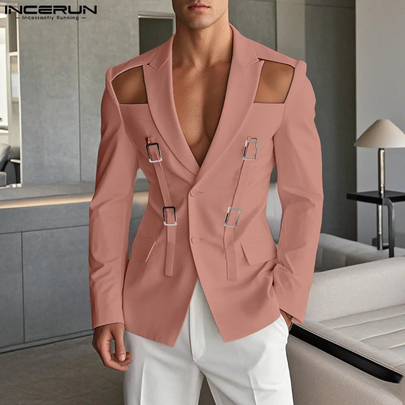 Blazers à lacets monochromes à manches longues pour hommes, conception de bouton creux, streetwear décontracté, mode de style américain, Y-2025