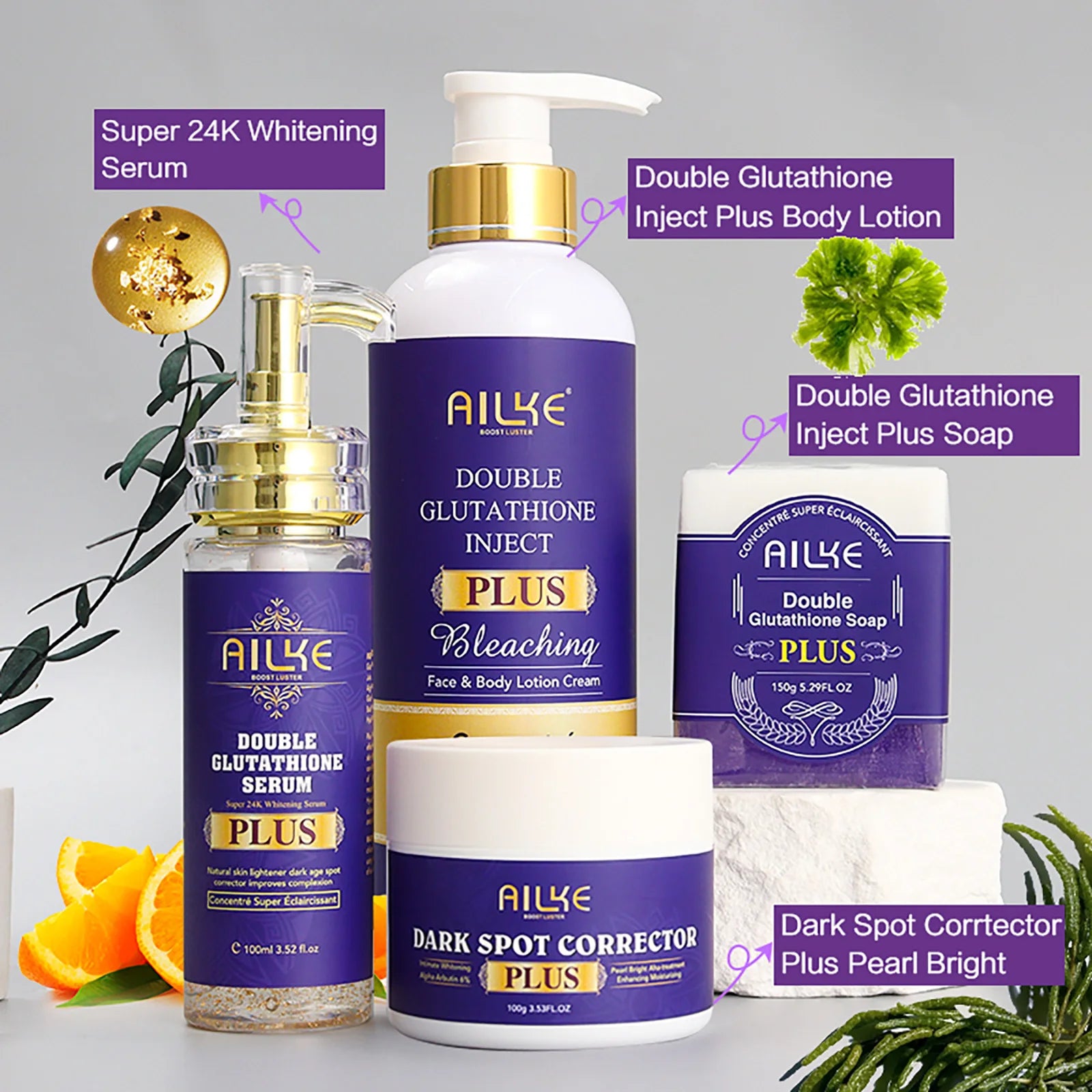 AILKE Ensemble de blanchiment double glutathion pour tous les types de peau, réduit les taches foncées, la mélanine, les taches de rousseur, le cloasma, même le teint