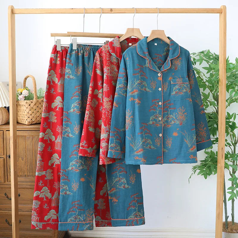 Ensemble pyjama en coton Jacquard pour femmes, couleur rétro, vêtements de maison tissés, manches longues, printemps et automne
