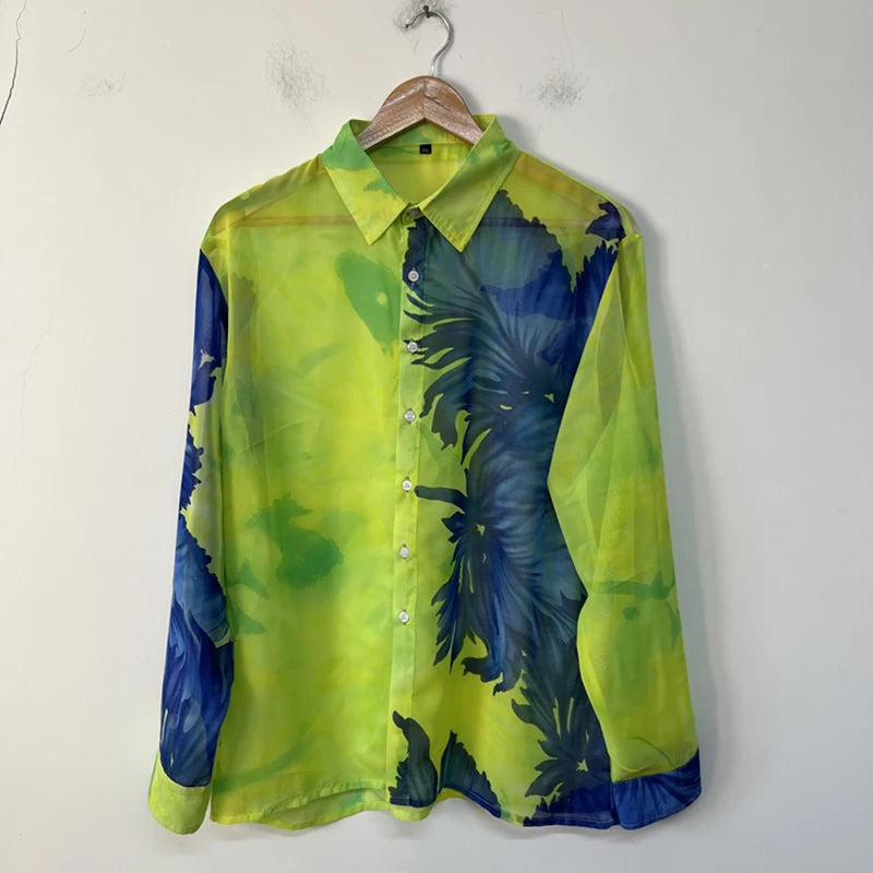 Chemise ample pour hommes couleur contrastée à la mode Semi-Transparent en mousseline de soie conception à manches longues col rabattu