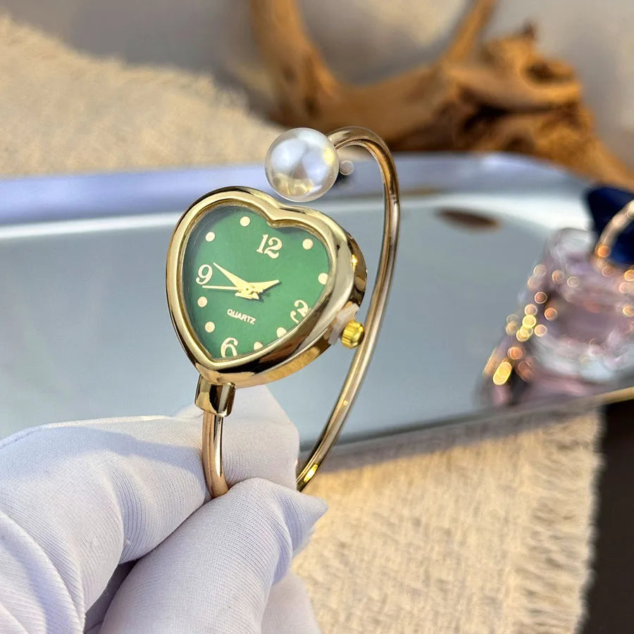 Montre Style Bracelet conception ouverte perle amour montre à Quartz, forme de coeur délicate, montre pour femme Portable nouveau style