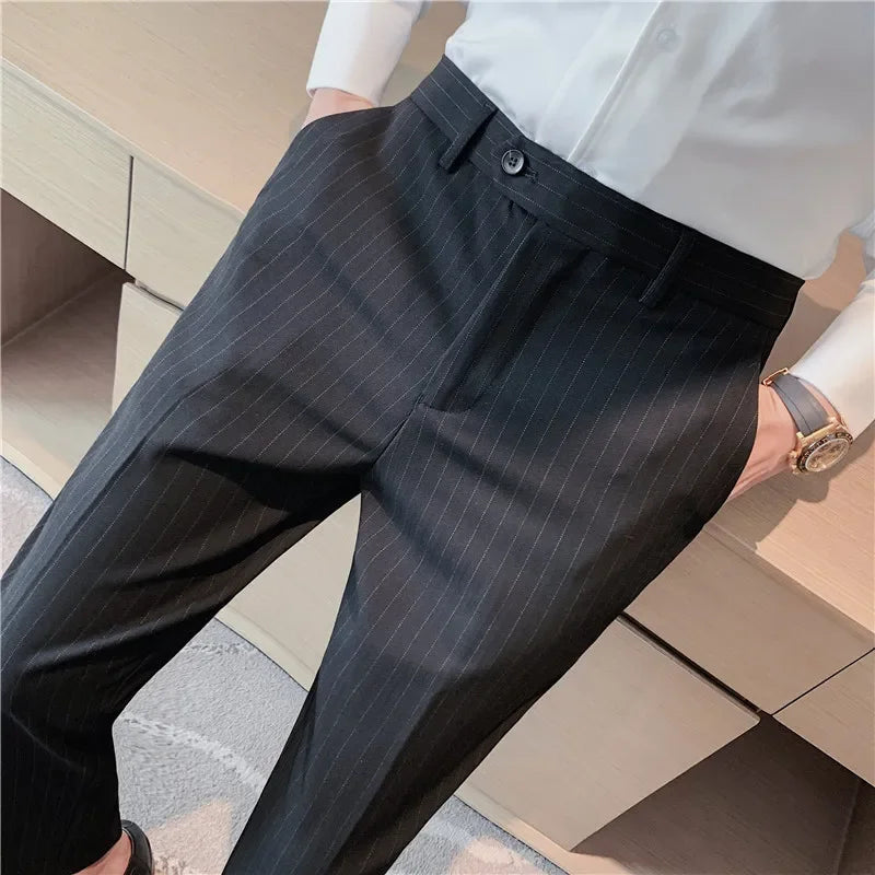 Pantalons décontractés à rayures noires pour hommes, trempés, vêtements de cérémonie pour hommes, robe de mariée, style britannique, affaires, boutique, qualité fjQuality
