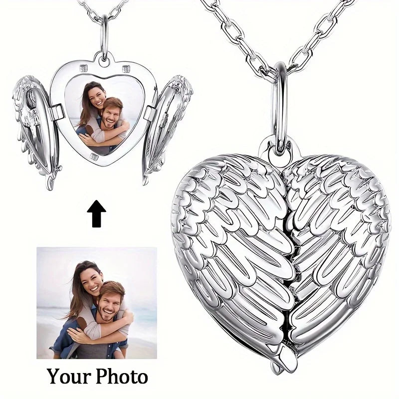 Collier Image personnalisée/photo petite boîte pendentif collier, personnalisé aile d'ange petite boîte pendentif hommes femmes collier cadeau de noël