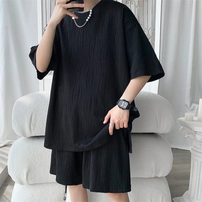 Ensemble pour hommes, vêtements de luxe coréens, motif ondulé drapé, t-shirts décontractés et short courts, grande taille,haute qualité